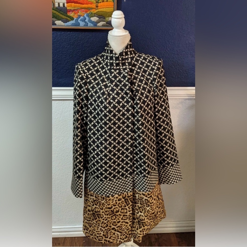 dennis basso Black & Cream Patterned Blazer Coat with Leopard Hem